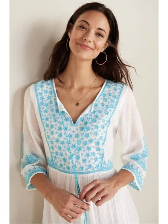 Soft Surroundings Juniper PLUS 1X Embroidery Gauze 3/4 Sleeve Dress Beach Boho - Picture 2 of 14